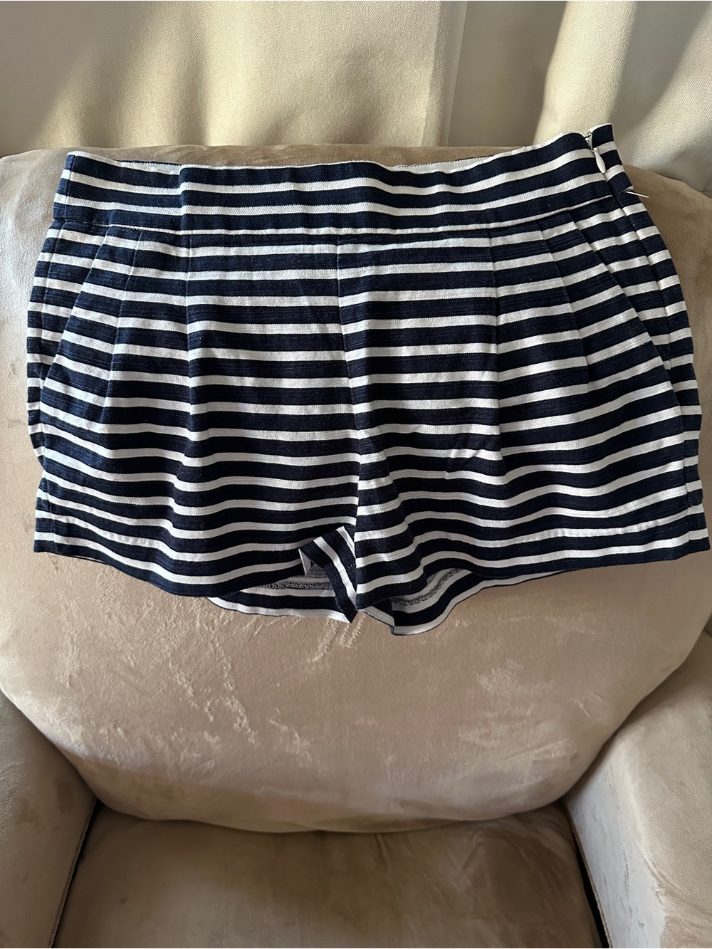 J.Crew Navy Blue & White Striped Pleated Linen Blend Shorts